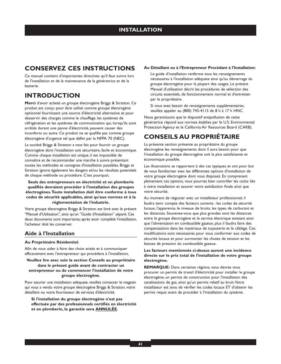 Conservez ces instructions, Introduction, Conseils au propriétaire | Briggs & Stratton 040213 User Manual | Page 41 / 56