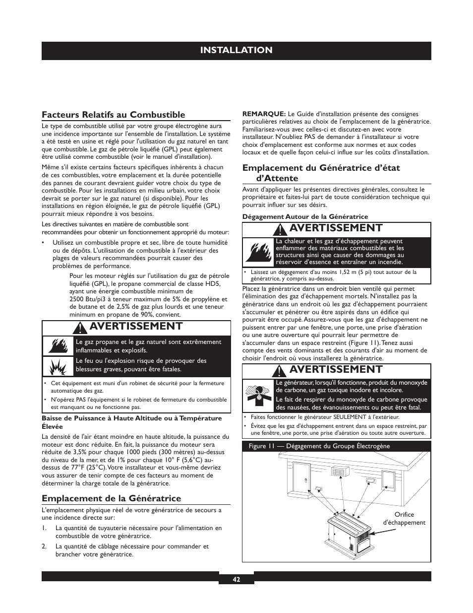 Avertissement, Installation, Facteurs relatifs au combustible | Emplacement de la génératrice, Emplacement du génératrice d’état d’attente | Briggs & Stratton 040213 User Manual | Page 42 / 56