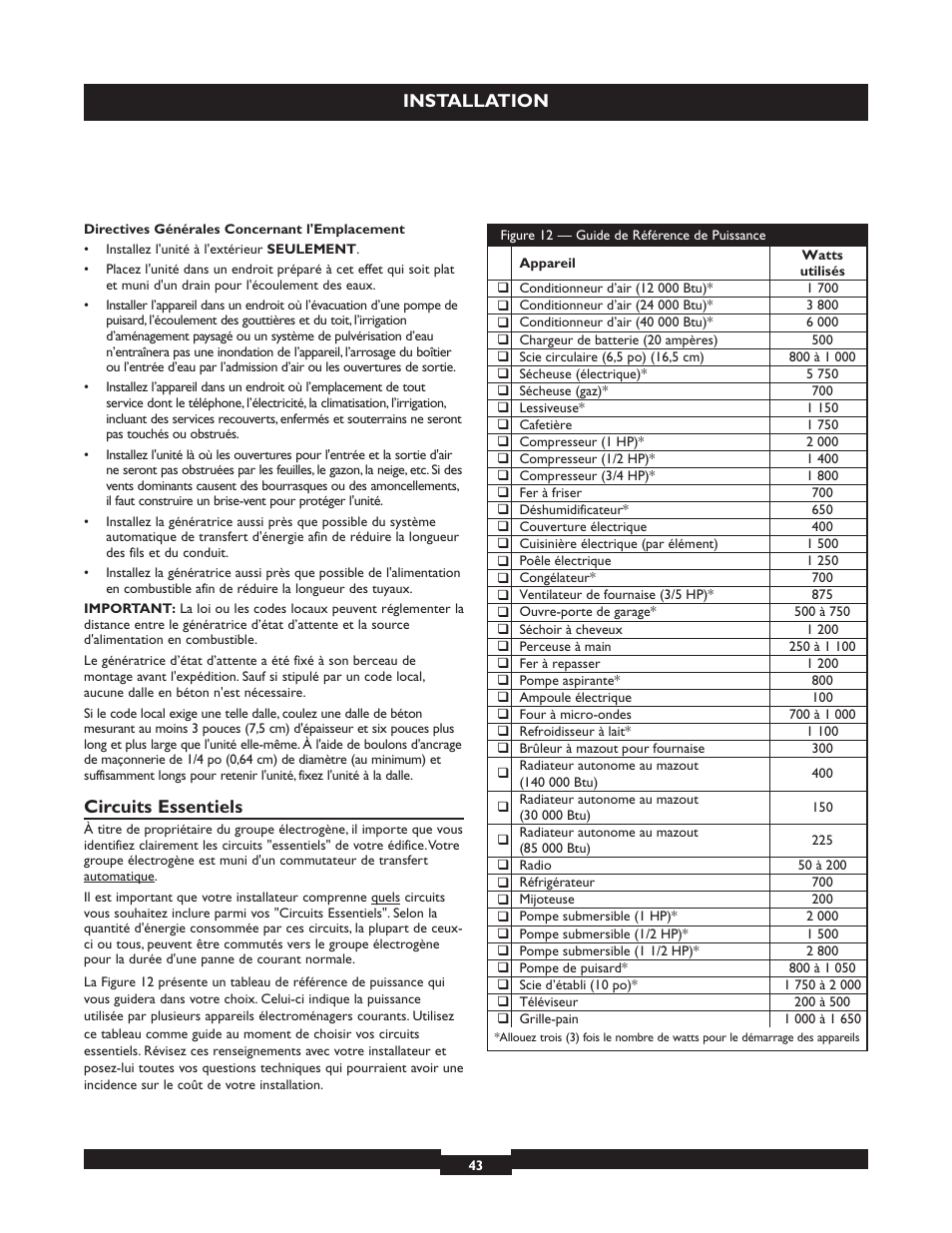 Installation, Circuits essentiels | Briggs & Stratton 040213 User Manual | Page 43 / 56