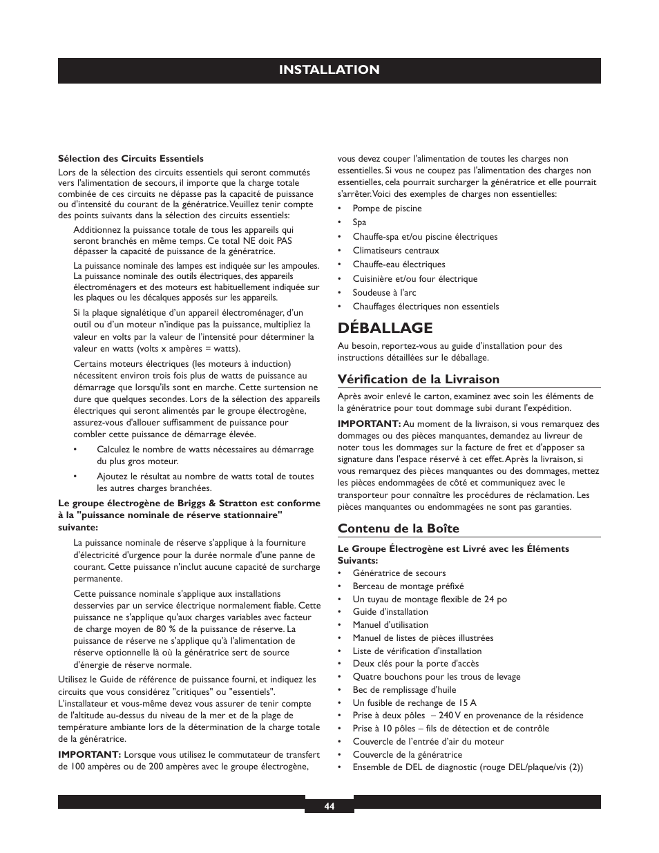 Déballage, Installation, Vérification de la livraison | Contenu de la boîte | Briggs & Stratton 040213 User Manual | Page 44 / 56