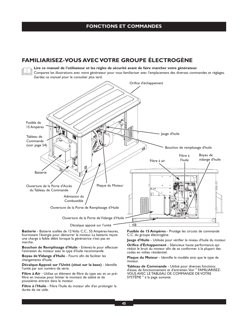 Familiarisez-vous avec votre groupe électrogène, Fonctions et commandes | Briggs & Stratton 040213 User Manual | Page 45 / 56