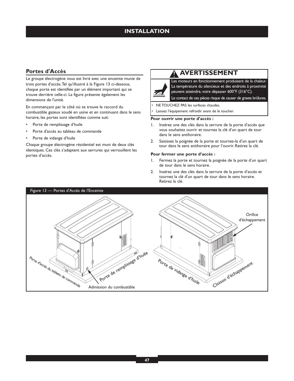 Avertissement, Installation, Portes d'accès | Briggs & Stratton 040213 User Manual | Page 47 / 56