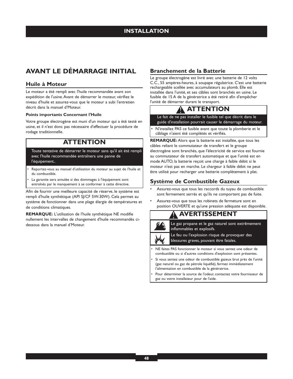 Avant le démarrage initial, Attention, Avertissement | Briggs & Stratton 040213 User Manual | Page 48 / 56