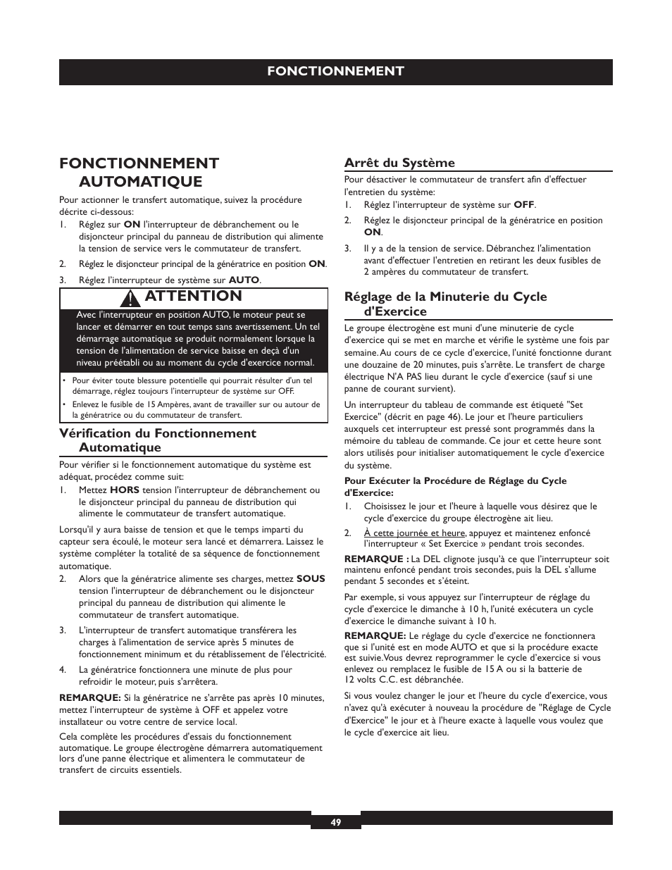 Fonctionnement automatique, Attention | Briggs & Stratton 040213 User Manual | Page 49 / 56