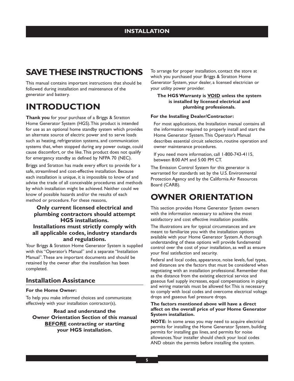Location, Save these instructions, Introduction | Owner orientation, Installation assistance | Briggs & Stratton 040213 User Manual | Page 5 / 56
