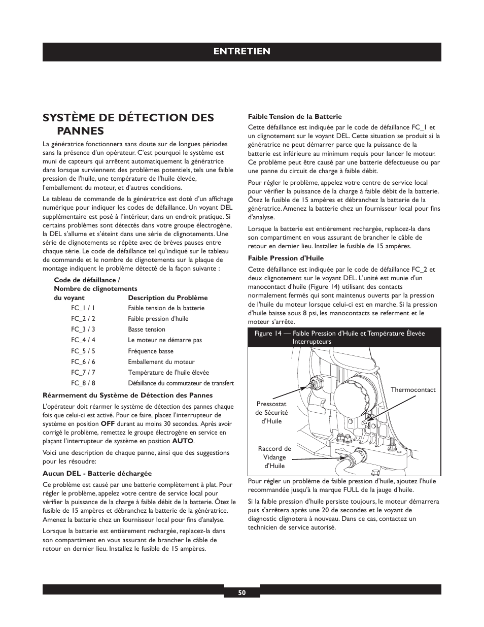 Système de détection des pannes, Entretien | Briggs & Stratton 040213 User Manual | Page 50 / 56