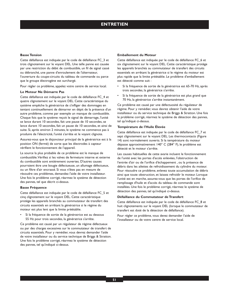 Entretien | Briggs & Stratton 040213 User Manual | Page 51 / 56