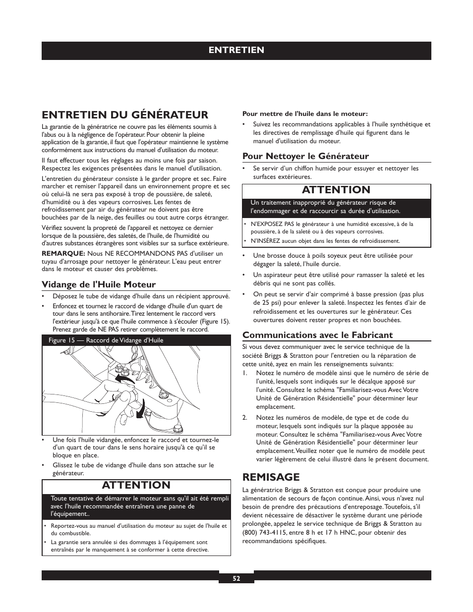 Entretien du générateur, Remisage, Attention | Briggs & Stratton 040213 User Manual | Page 52 / 56