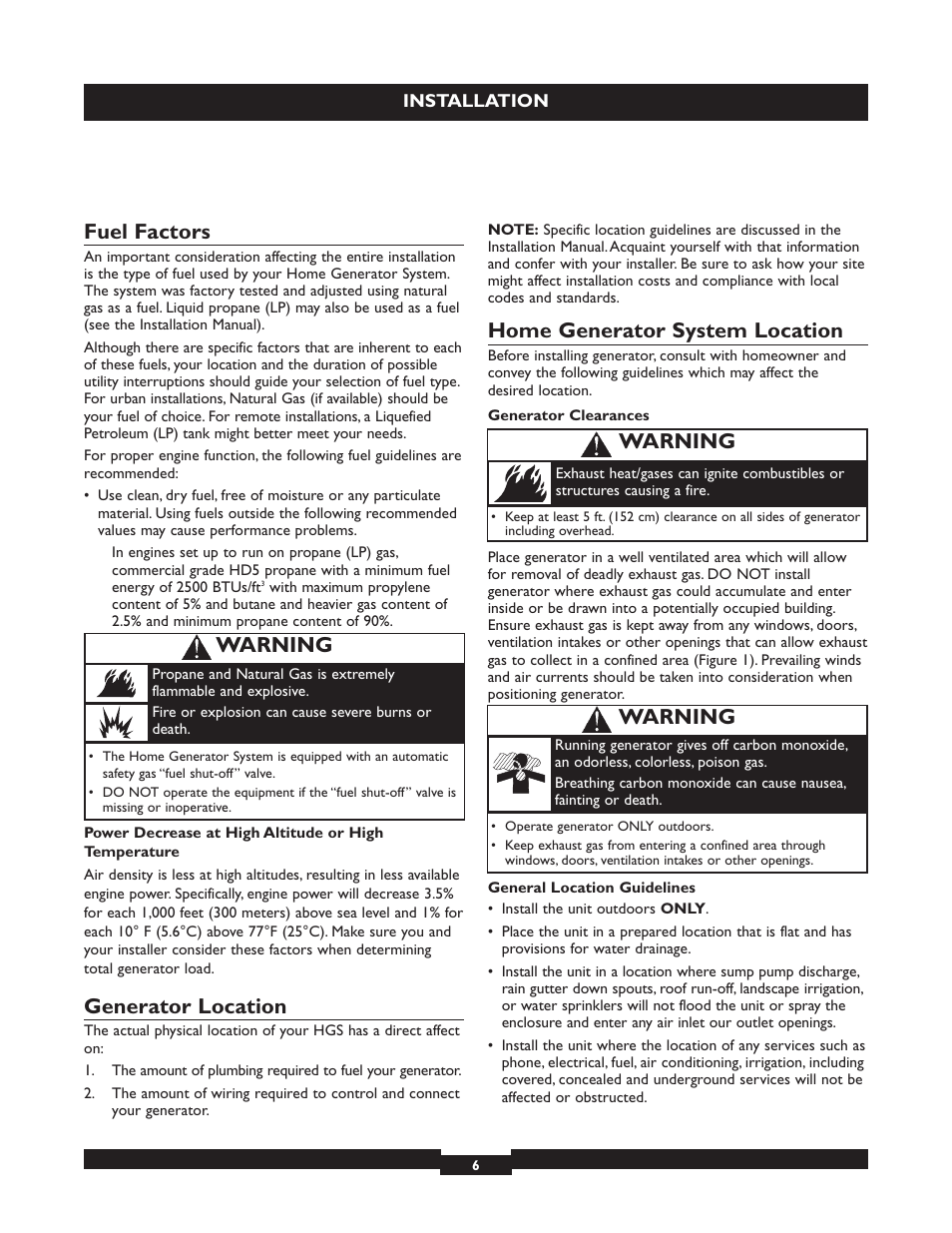 Fuel factors, Generator location, Home generator system location | Warning | Briggs & Stratton 040213 User Manual | Page 6 / 56