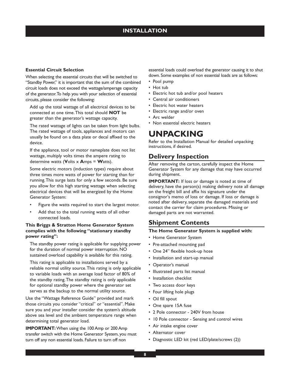 Unpacking, Delivery inspection, Shipment contents | Briggs & Stratton 040213 User Manual | Page 8 / 56