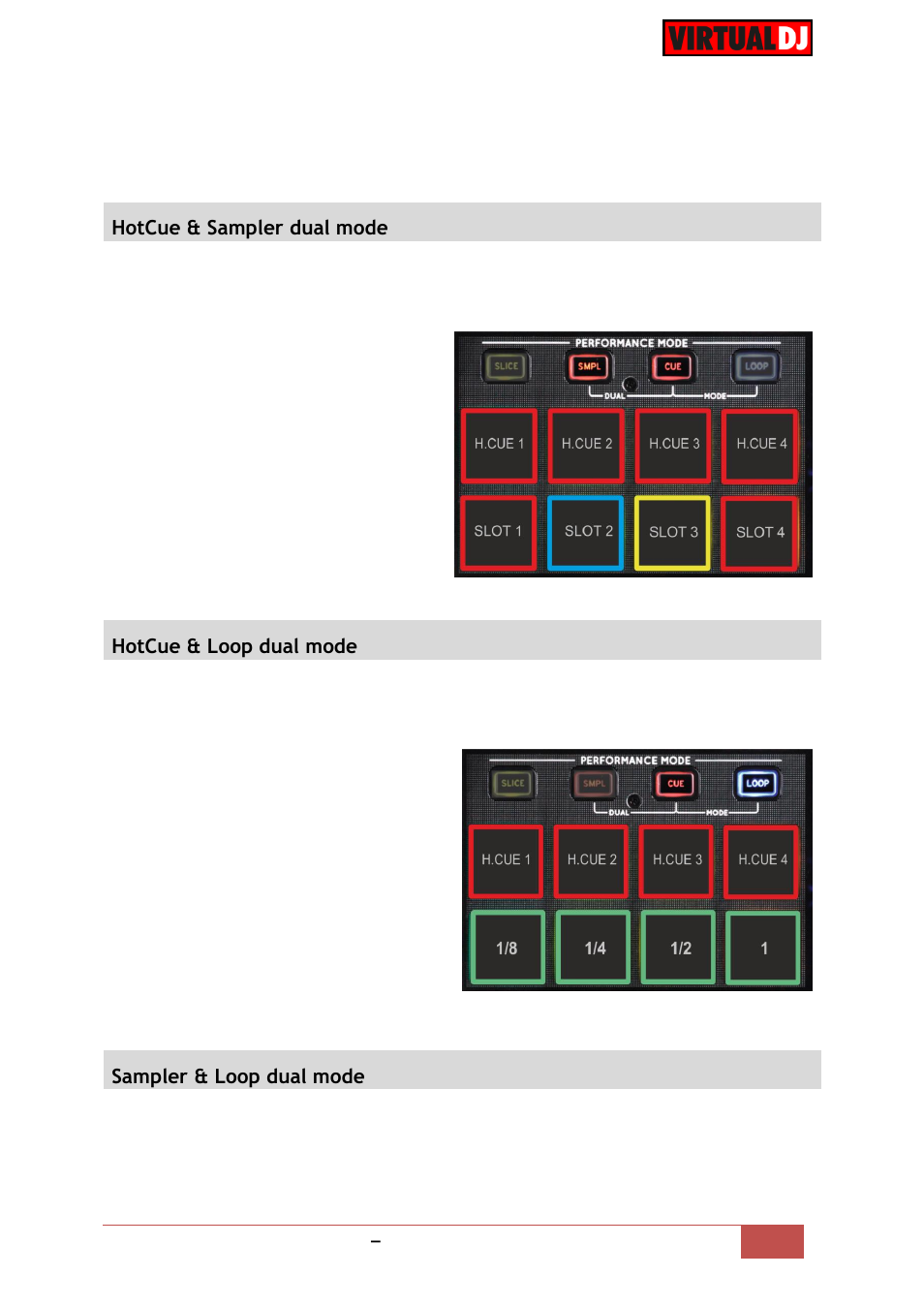 Hotcue & sampler dual mode, Hotcue & loop dual mode, Sampler & loop dual mode | Reloop TERMINAL MIX 8 - VirtualDJ 8 Operation Guide User Manual | Page 11 / 15