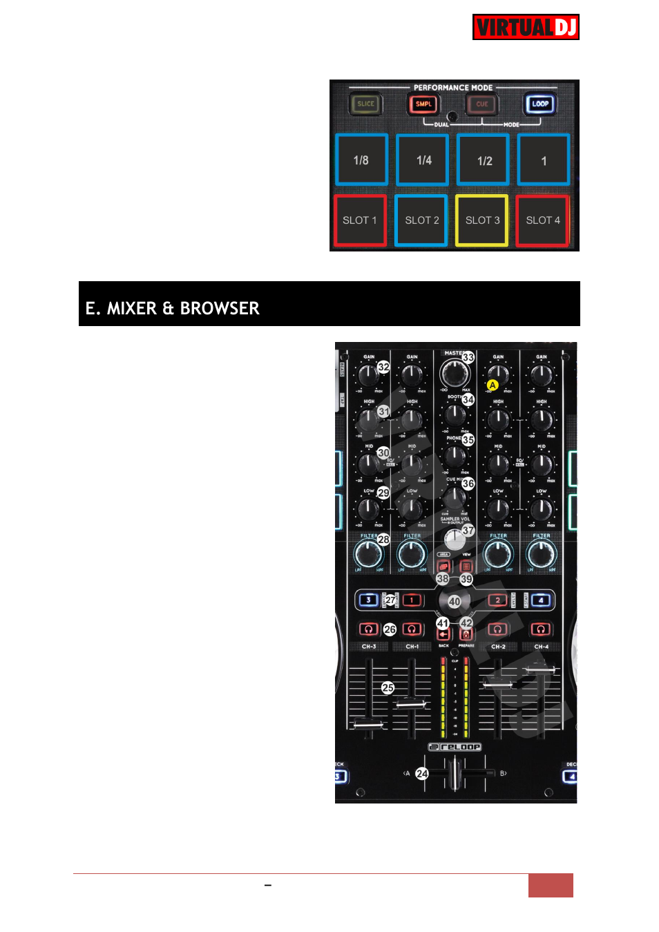 E. mixer & browser | Reloop TERMINAL MIX 8 - VirtualDJ 8 Operation Guide User Manual | Page 12 / 15