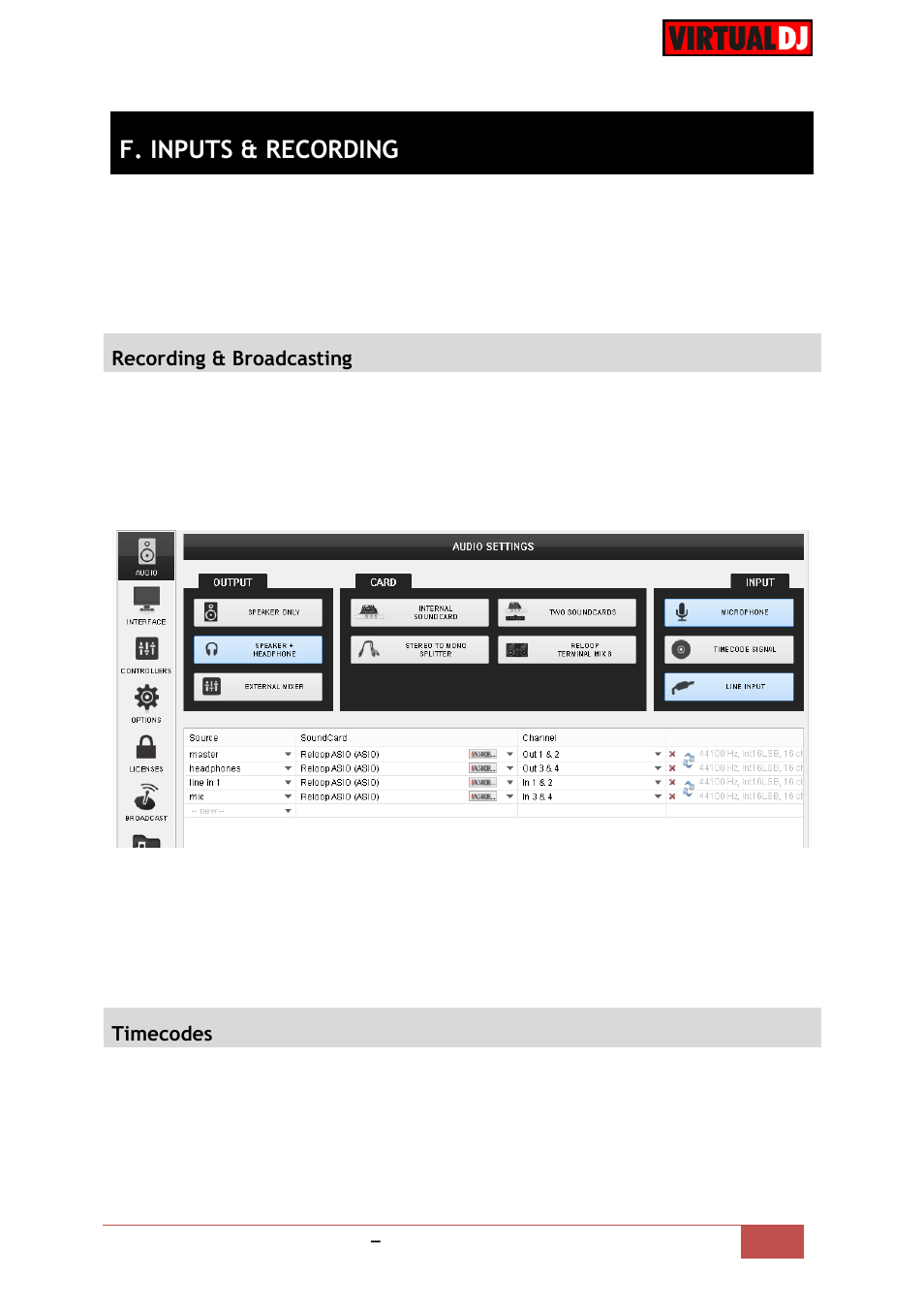 F. inputs & recording, Recording & broadcasting, Timecodes | Reloop TERMINAL MIX 8 - VirtualDJ 8 Operation Guide User Manual | Page 14 / 15