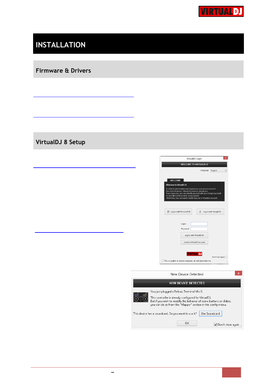 Installation, Firmware & drivers, Virtualdj 8 setup | Reloop TERMINAL MIX 8 - VirtualDJ 8 Operation Guide User Manual | Page 3 / 15