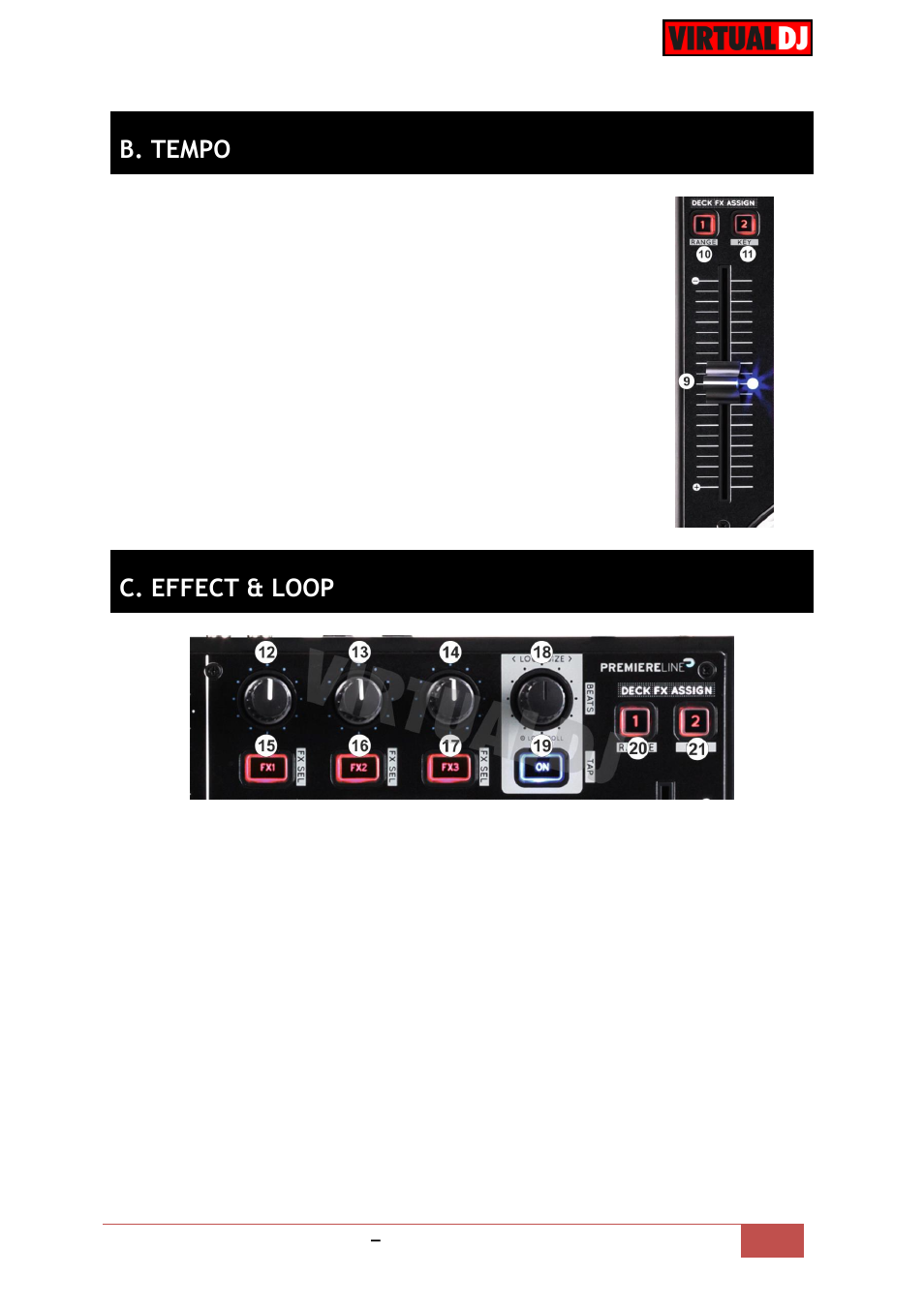 B. tempo, C. effect & loop | Reloop TERMINAL MIX 8 - VirtualDJ 8 Operation Guide User Manual | Page 6 / 15