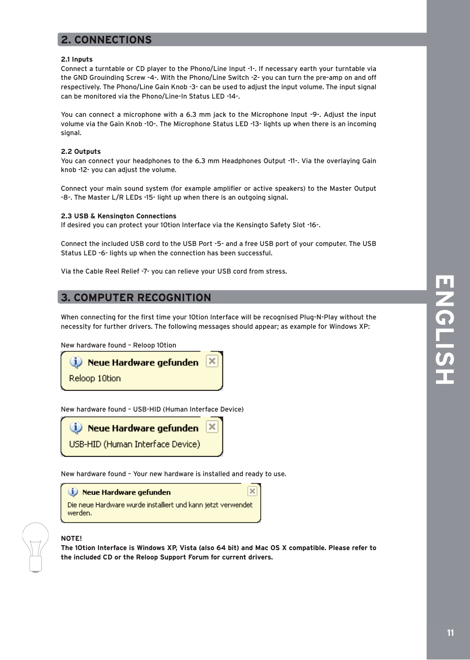 Connect ions, Computer reco gnition, De ut s ch | Engli sh | Reloop 10TION User Manual | Page 11 / 20