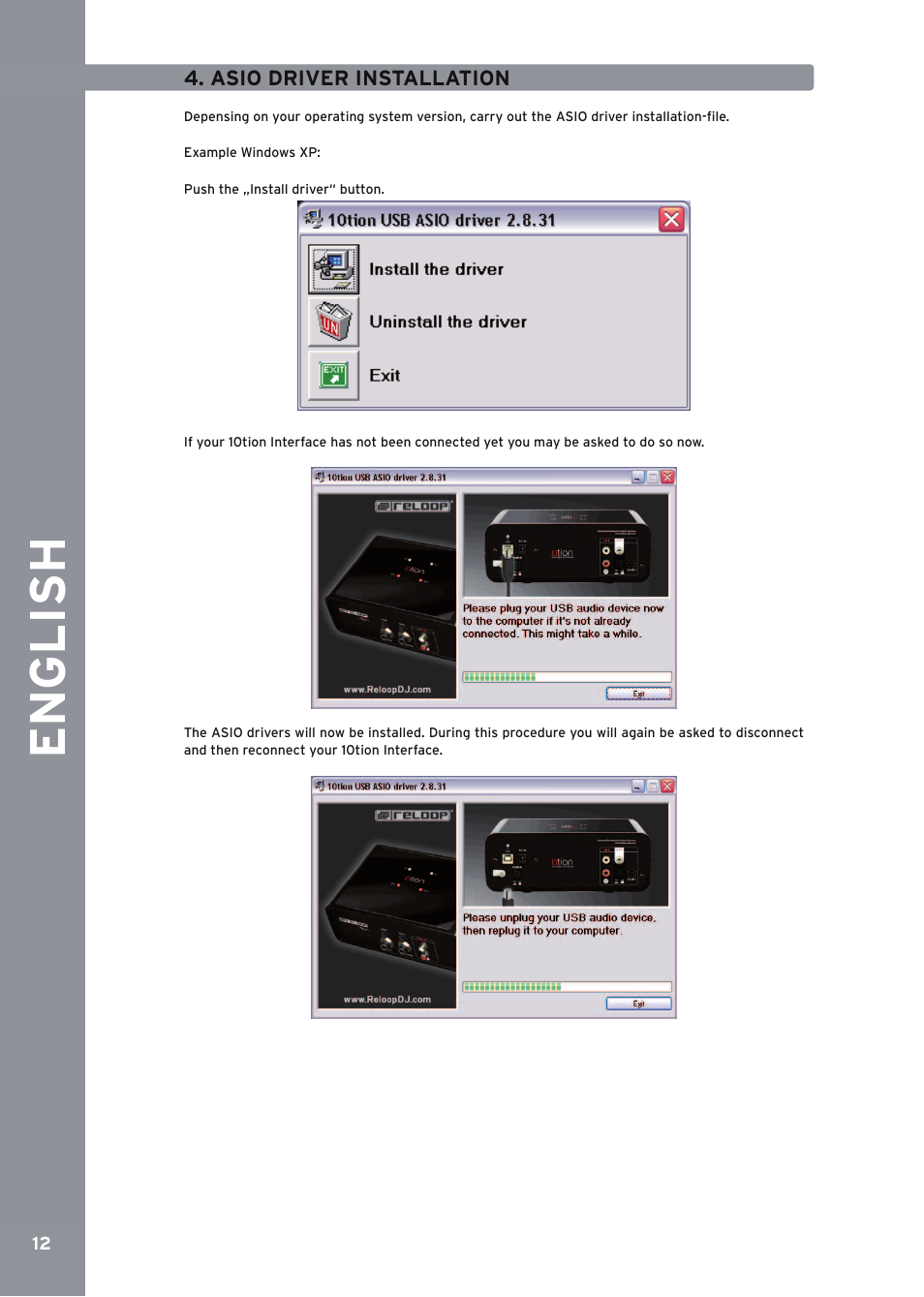 Asio driver inst allation, De ut s ch, Engli sh | Reloop 10TION User Manual | Page 12 / 20