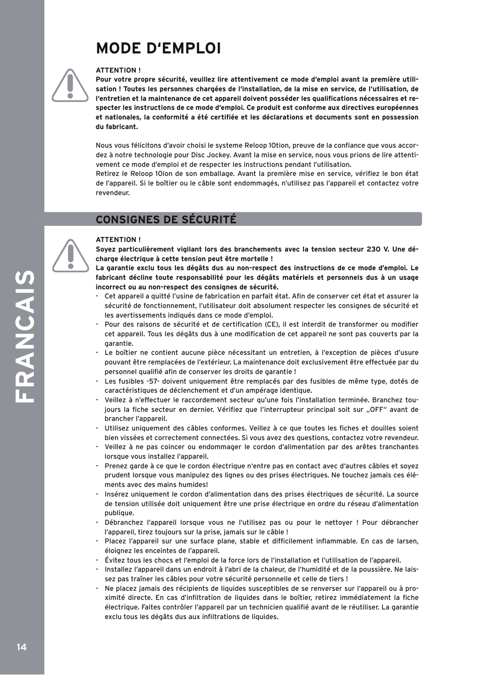 Francais, Consignes de sécurité, De ut s ch | Fr an c ai s, Mode d‘emploi | Reloop 10TION User Manual | Page 14 / 20