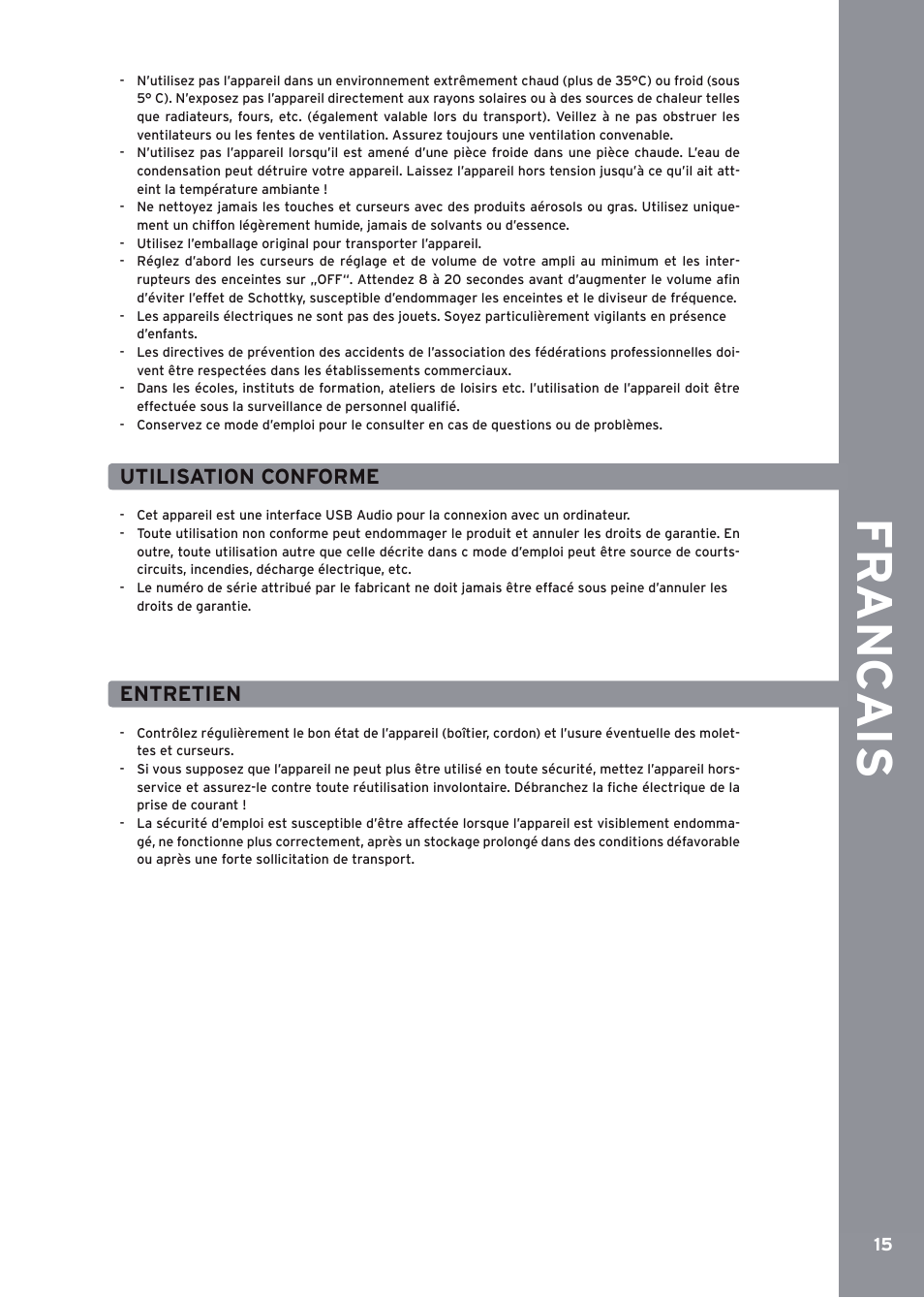 Utilisation conforme, Entretien, De ut s ch | Fr an c ai s | Reloop 10TION User Manual | Page 15 / 20