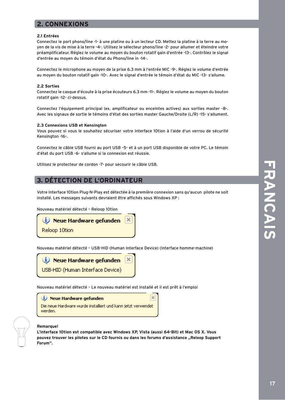 Connexions, Détect ion de l‘ordinateur, De ut s ch | Fr an c ai s | Reloop 10TION User Manual | Page 17 / 20