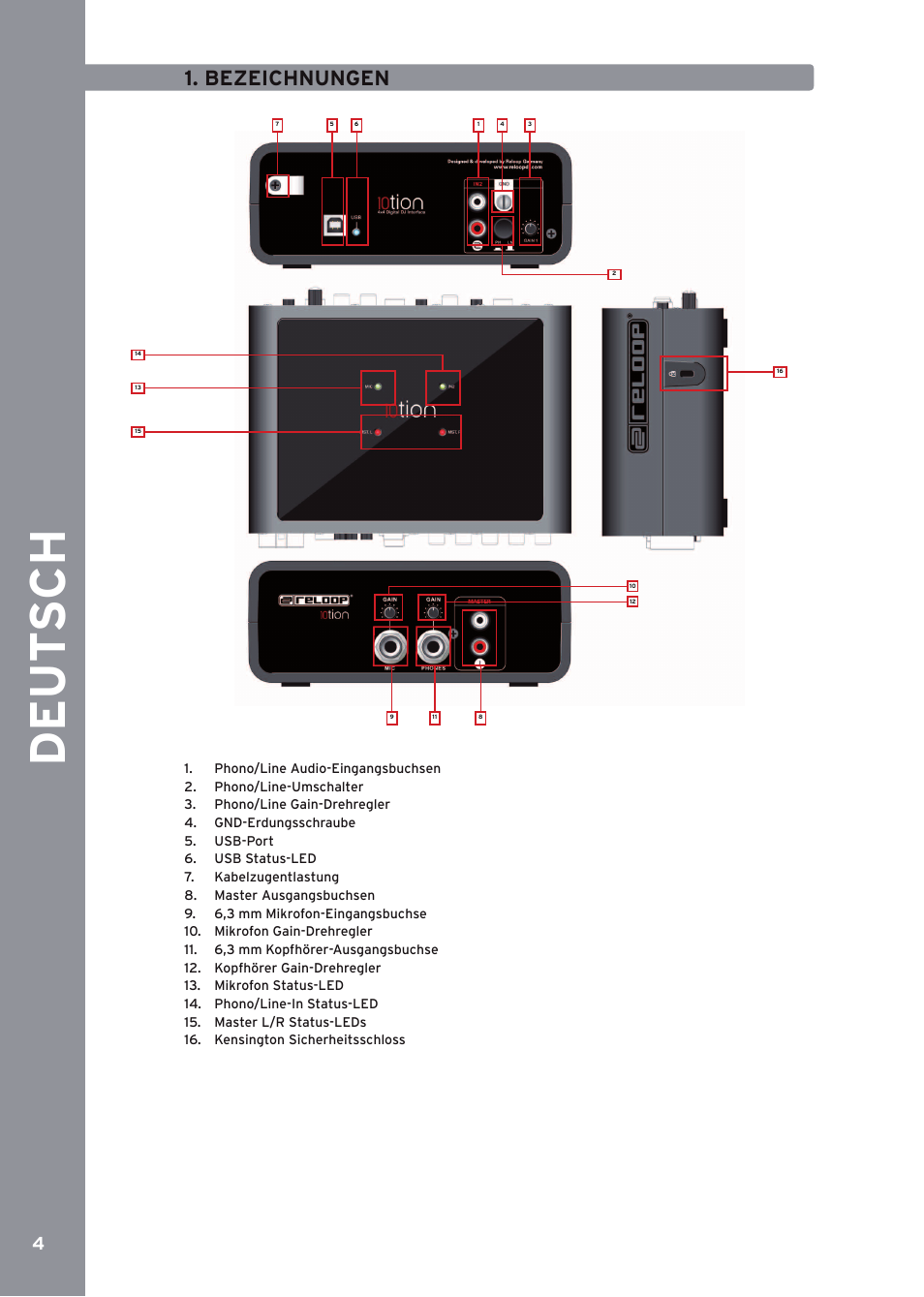 Bezeichnungen, De ut s ch | Reloop 10TION User Manual | Page 4 / 20