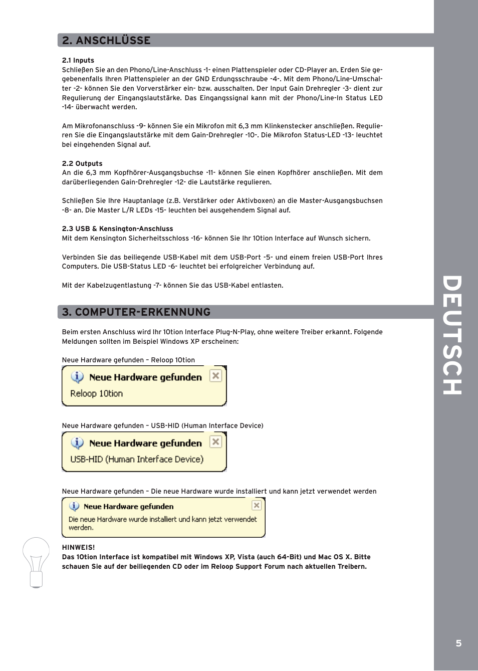 Ansch lüsse, Computer-erkennung, De ut s ch | Reloop 10TION User Manual | Page 5 / 20