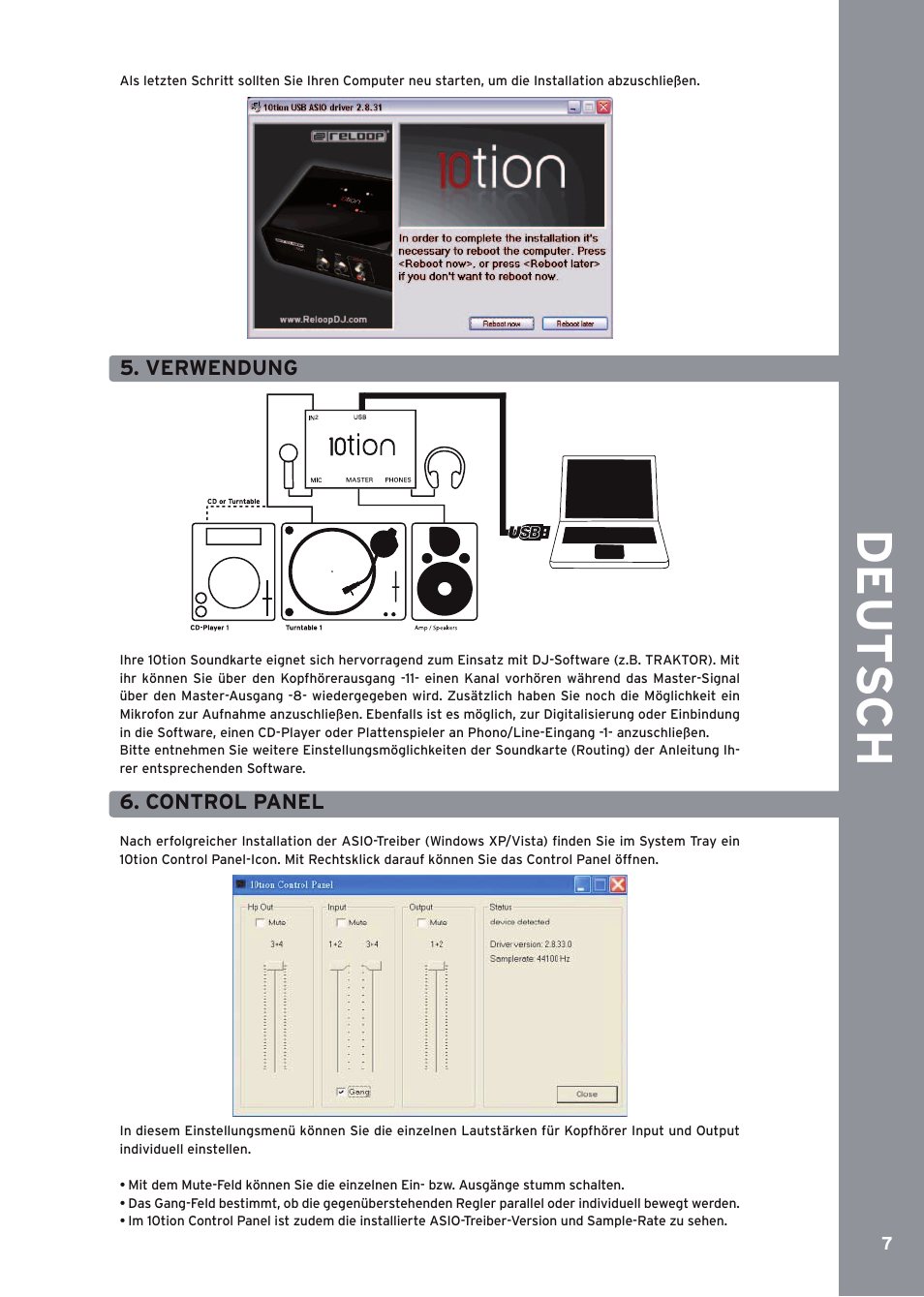 Verwe ndung, Control panel, De ut s ch | Reloop 10TION User Manual | Page 7 / 20