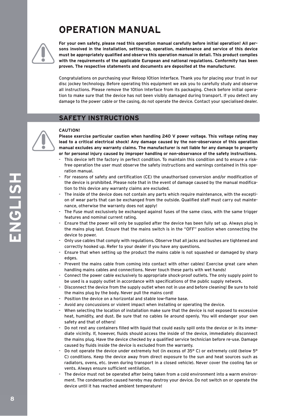 English, Safety instructions, De ut s ch | Engli sh, Operation manual | Reloop 10TION User Manual | Page 8 / 20