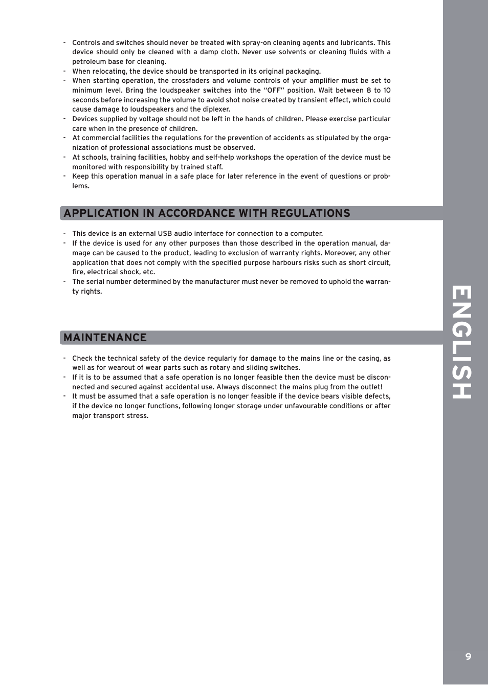 Application in accordance with regulations, Maintenance, De ut s ch | Engli sh | Reloop 10TION User Manual | Page 9 / 20