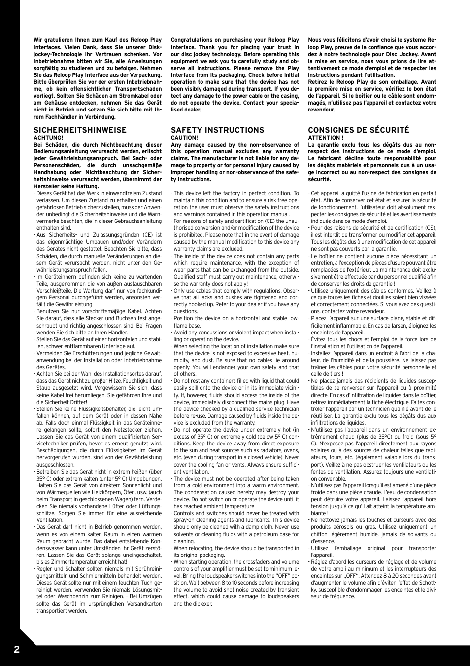 Sicherheitshinweise, Safety instructions, Consignes de sécurité | Reloop PLAY User Manual | Page 2 / 8