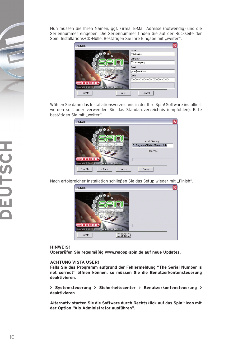 Deut sch | Reloop SPIN! User Manual | Page 10 / 140