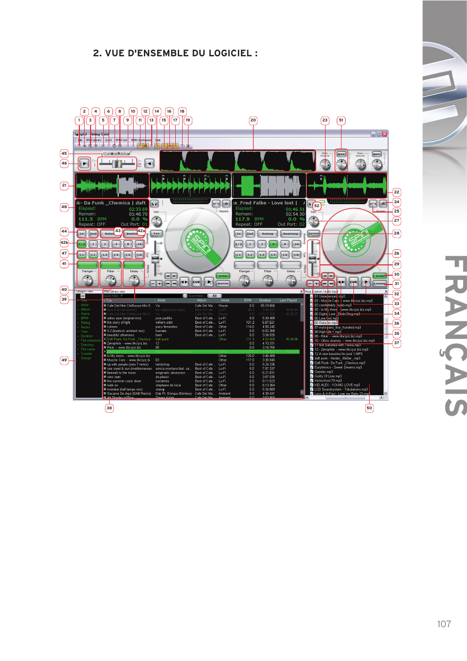 Fr ançais, Vue d'ensemble du logiciel : 107 | Reloop SPIN! User Manual | Page 107 / 140