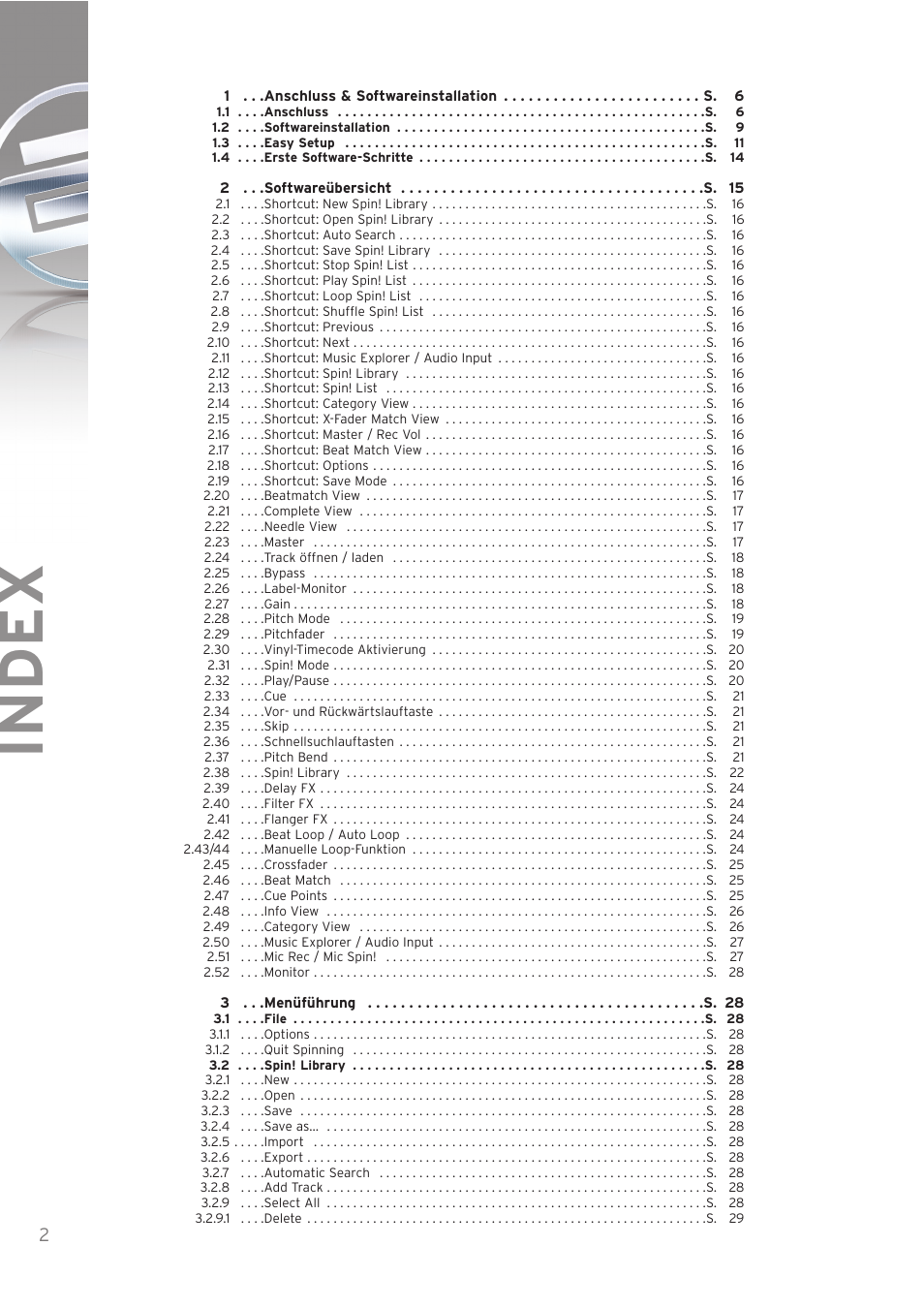 Index | Reloop SPIN! User Manual | Page 2 / 140