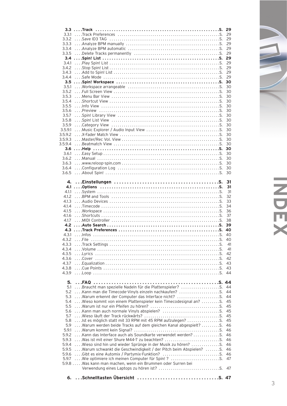 Index | Reloop SPIN! User Manual | Page 3 / 140