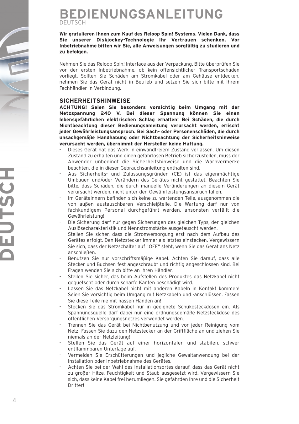 Deut sch, Bedienungsanleitung | Reloop SPIN! User Manual | Page 4 / 140