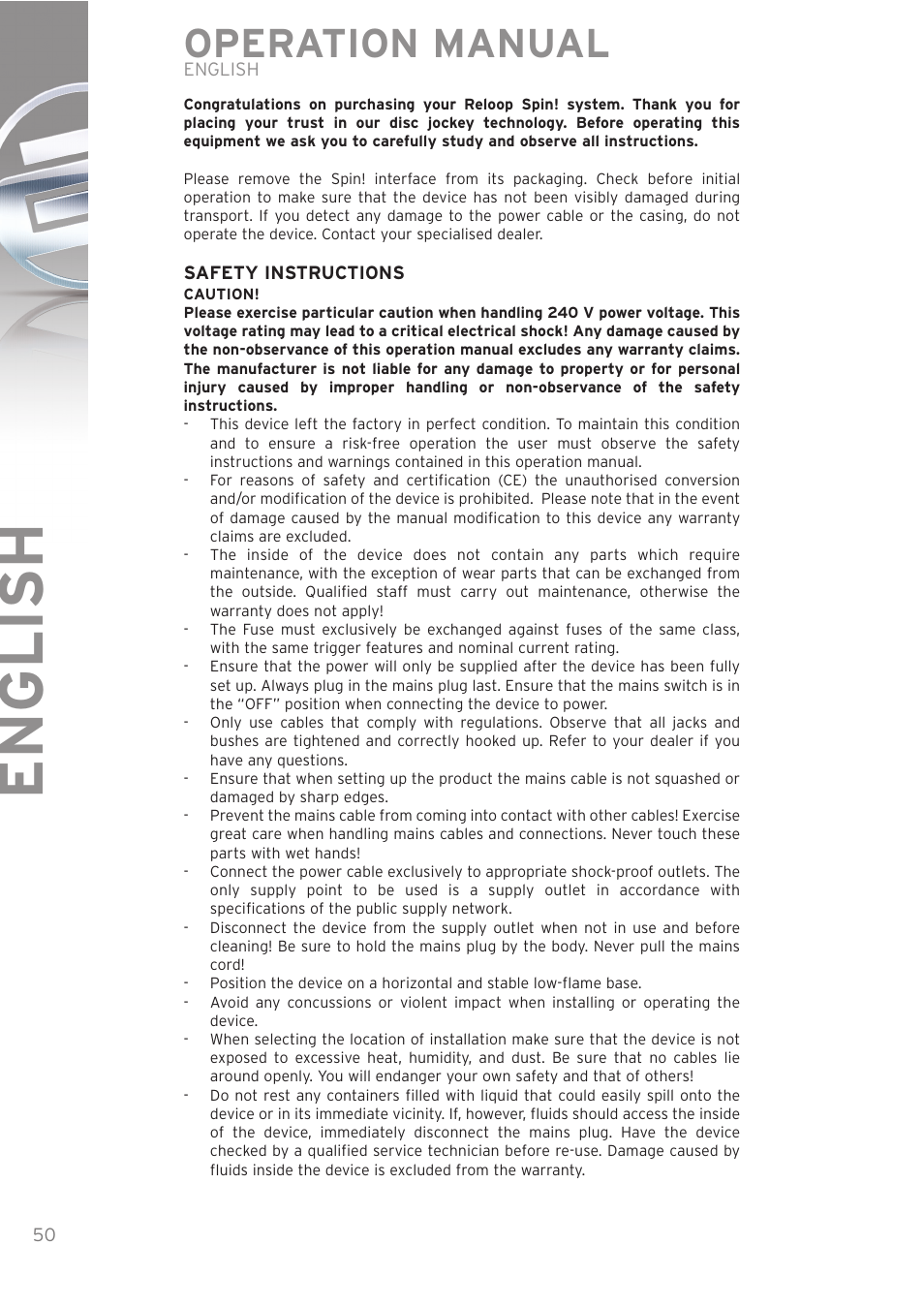 English, Operation manual | Reloop SPIN! User Manual | Page 50 / 140