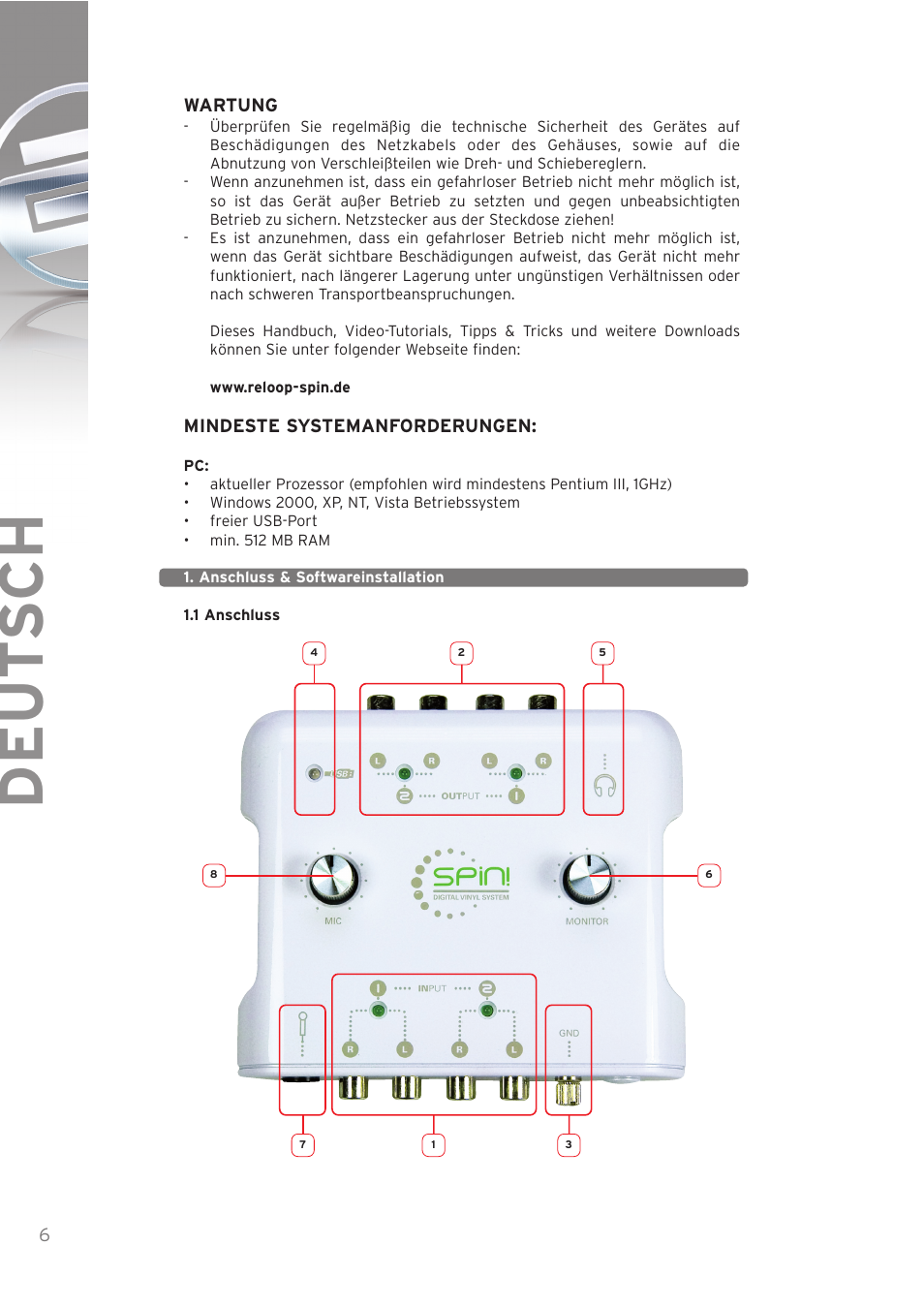 Deut sch | Reloop SPIN! User Manual | Page 6 / 140