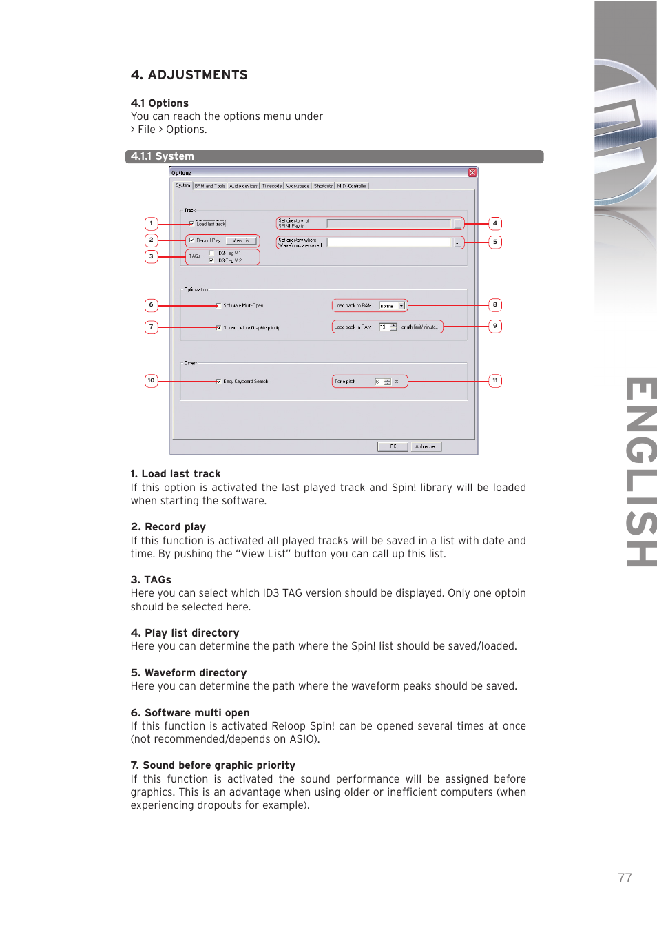 English, Adjustments | Reloop SPIN! User Manual | Page 77 / 140
