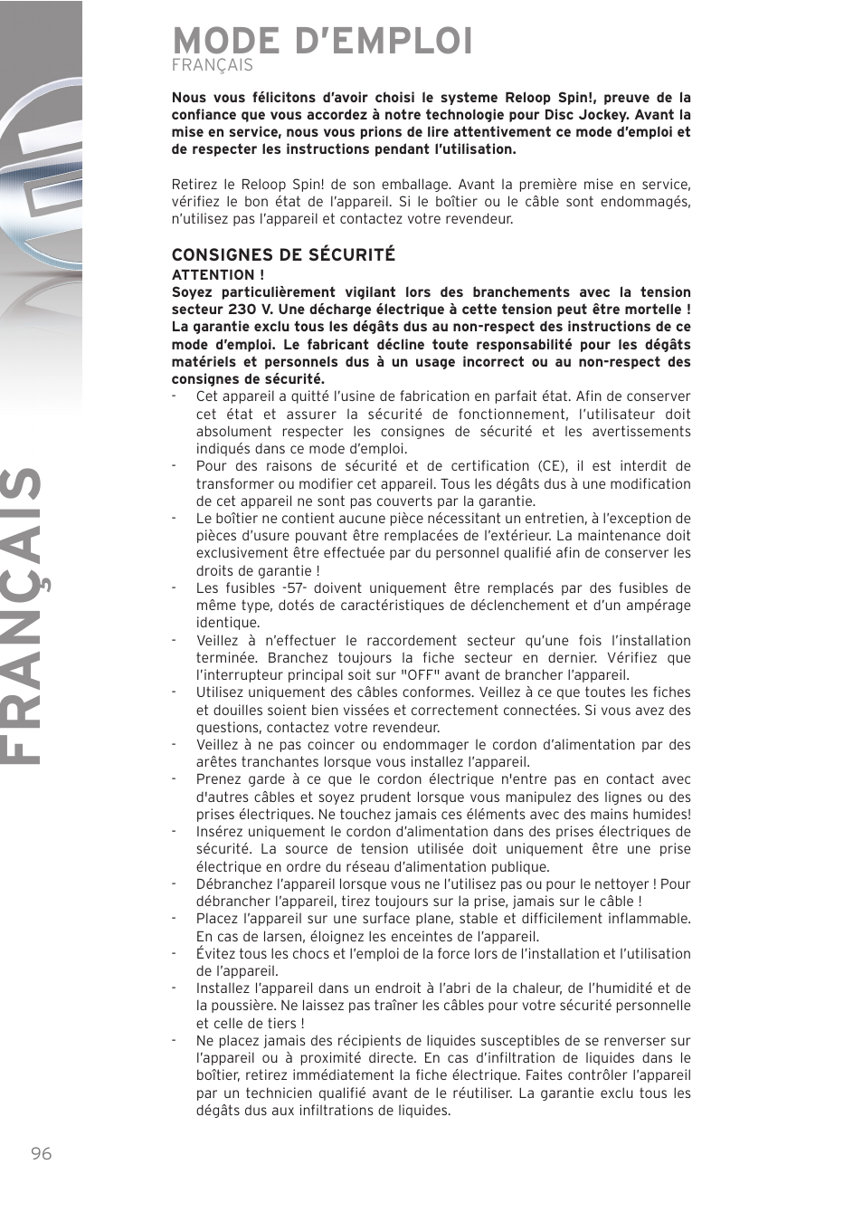 Fr ançais, Mode d’emploi | Reloop SPIN! User Manual | Page 96 / 140