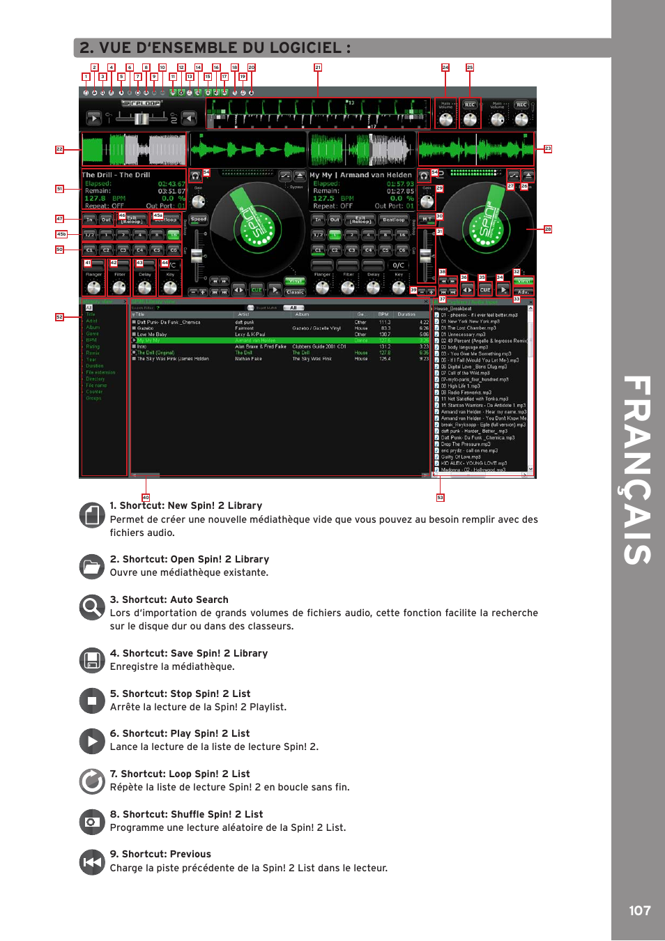 Fr an ç ais, Vue d‘ensemble du logiciel | Reloop SPIN!2 User Manual | Page 107 / 139