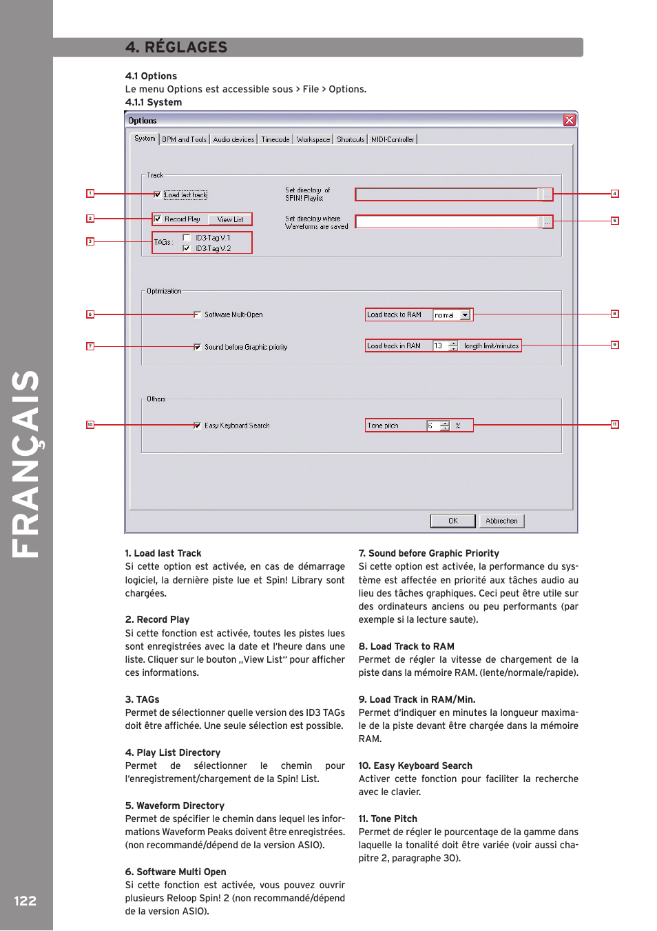 Fr an ç ais, Réglages | Reloop SPIN!2 User Manual | Page 122 / 139