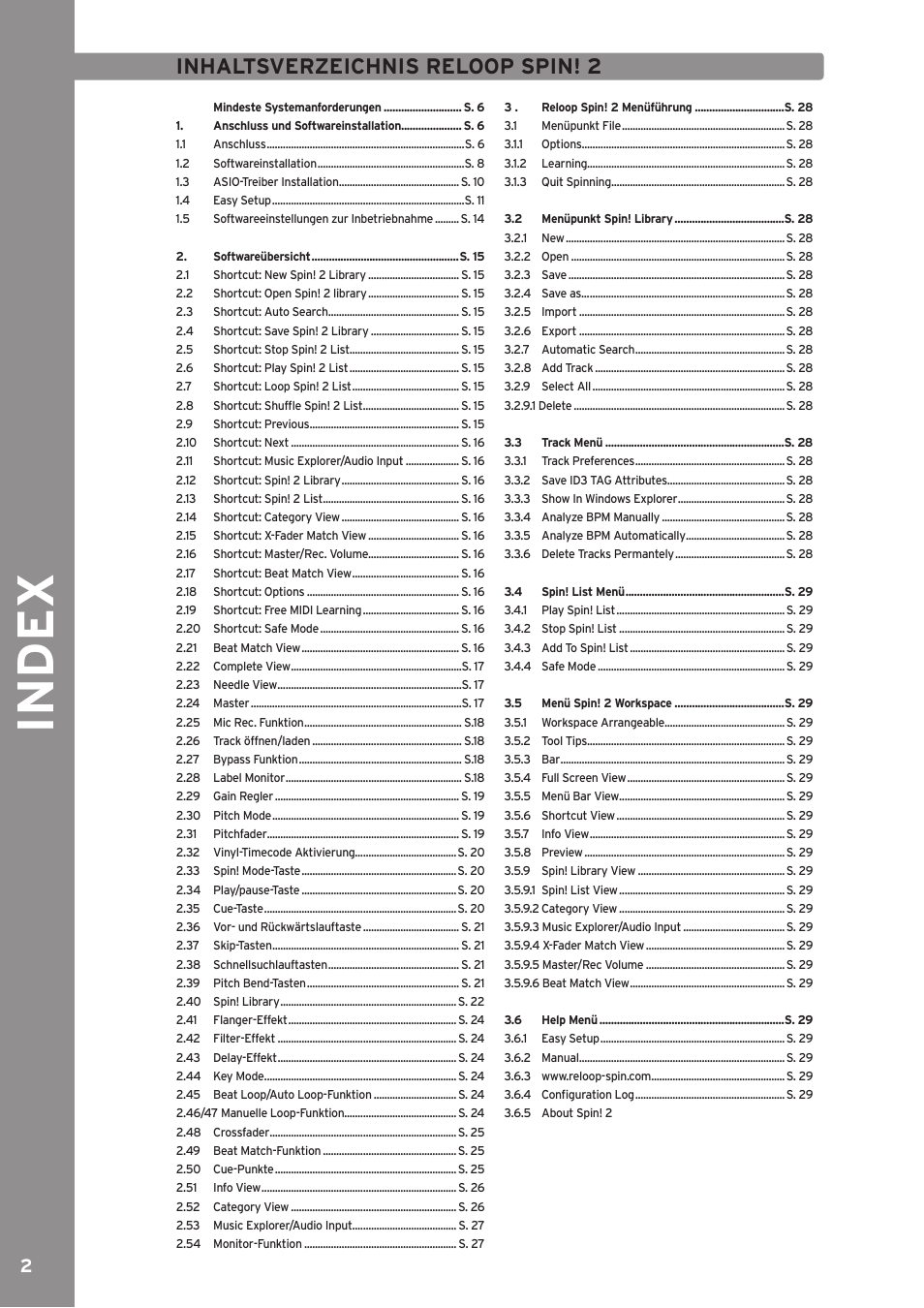 Index, Inhaltsverzeichnis reloop spin! 2 | Reloop SPIN!2 User Manual | Page 2 / 139