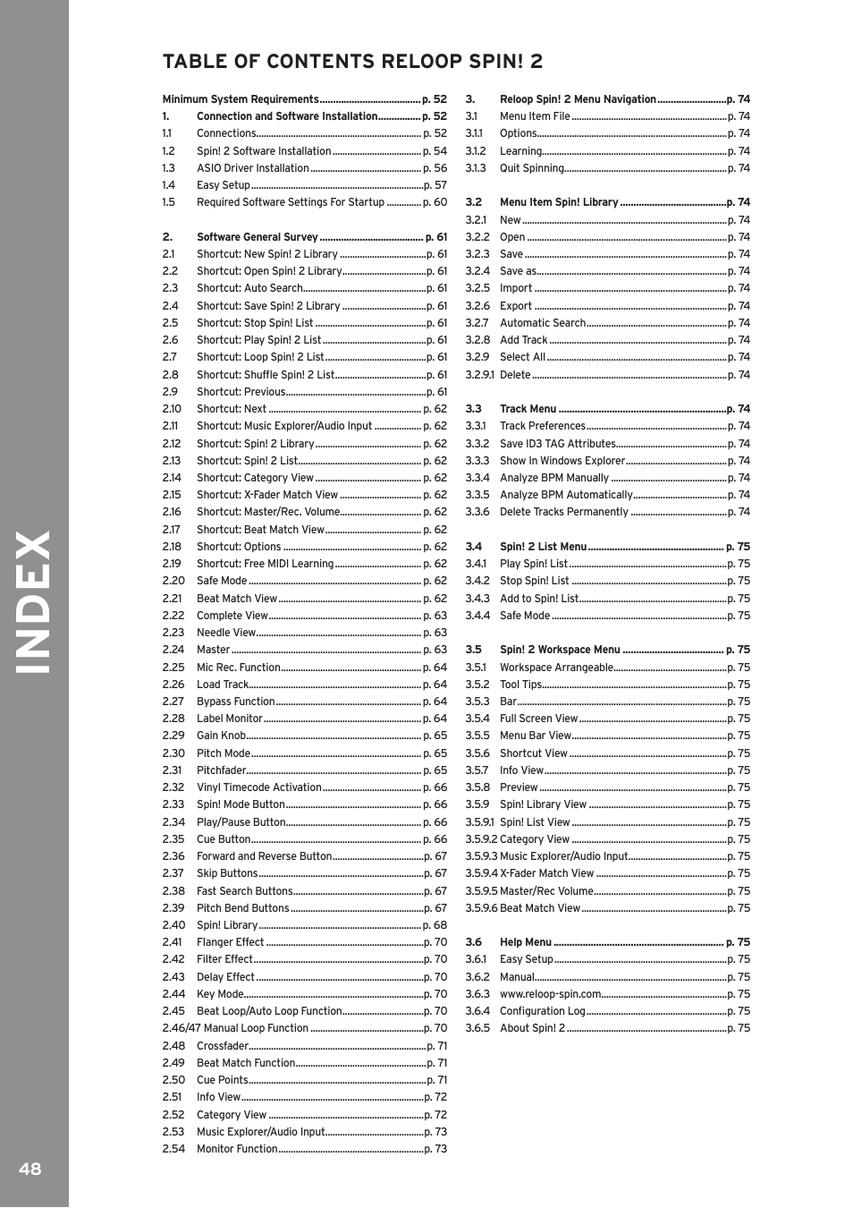 Index, Table of contents reloop spin! 2 | Reloop SPIN!2 User Manual | Page 48 / 139