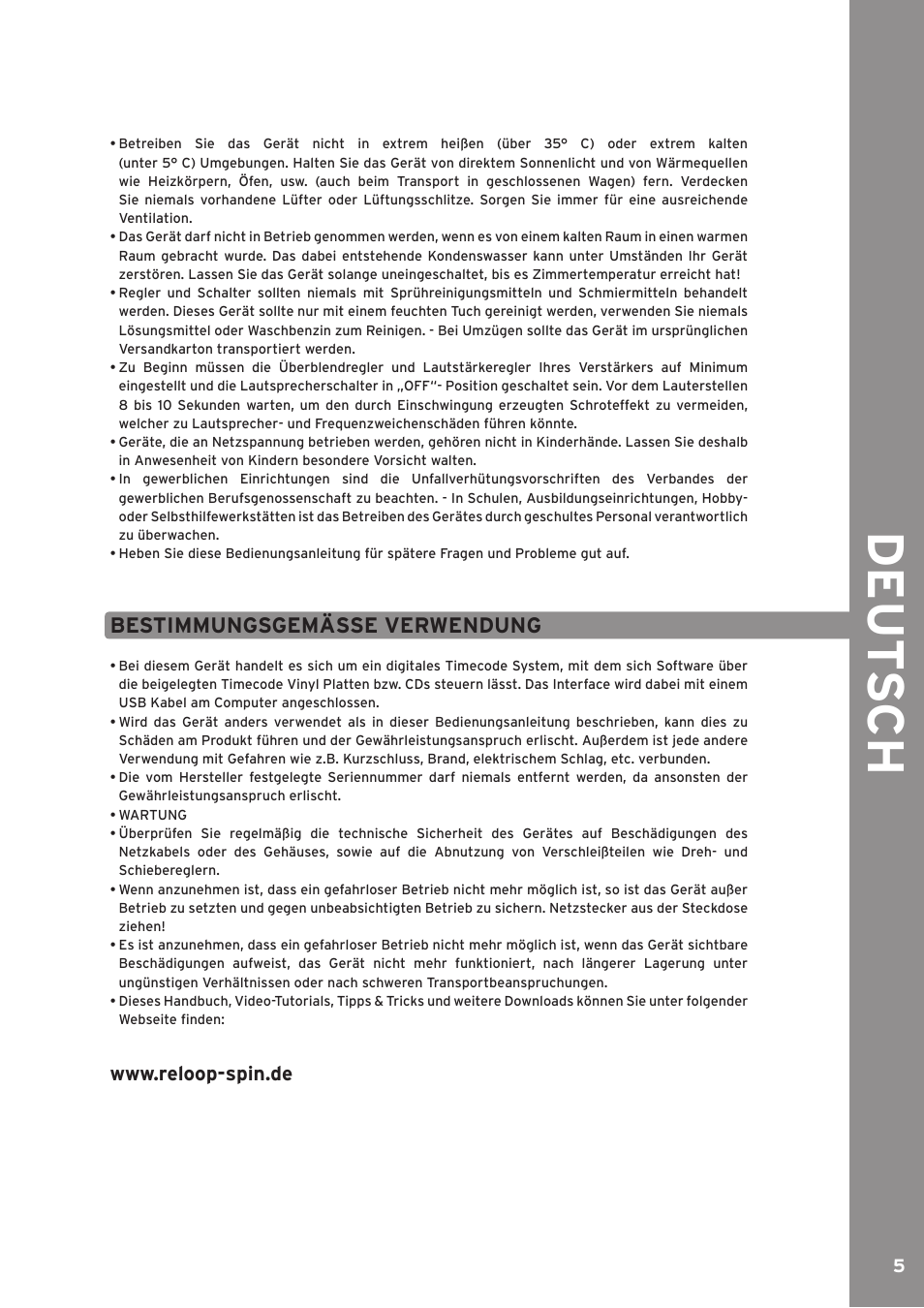 De ut s ch, Bestimmungsgemässe verwendung | Reloop SPIN!2 User Manual | Page 5 / 139