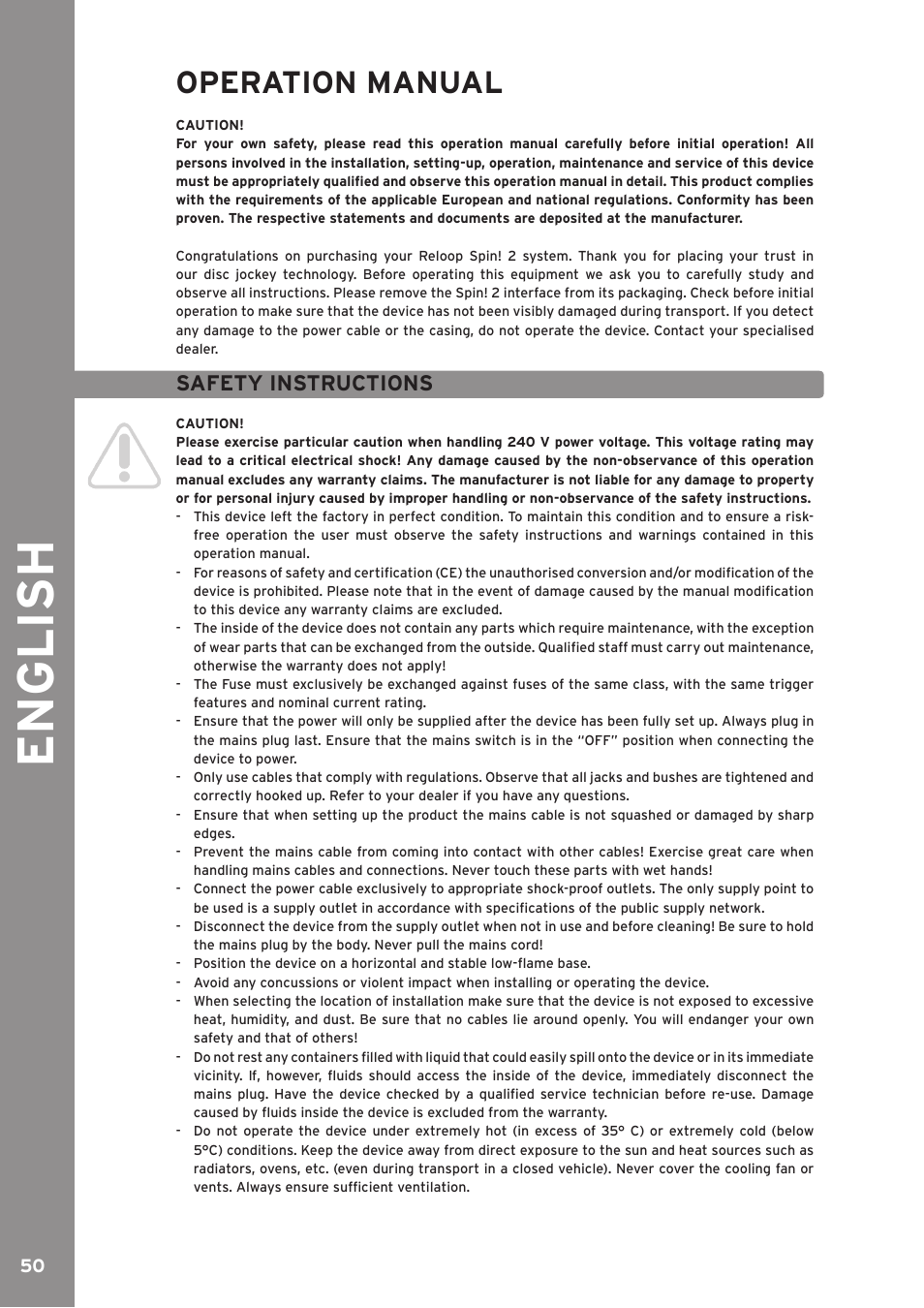 English, Operation manual, Safety instructions | Reloop SPIN!2 User Manual | Page 50 / 139