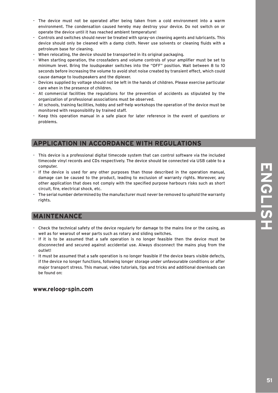 English, Application in accordance with regulations, Maintenance | Reloop SPIN!2 User Manual | Page 51 / 139