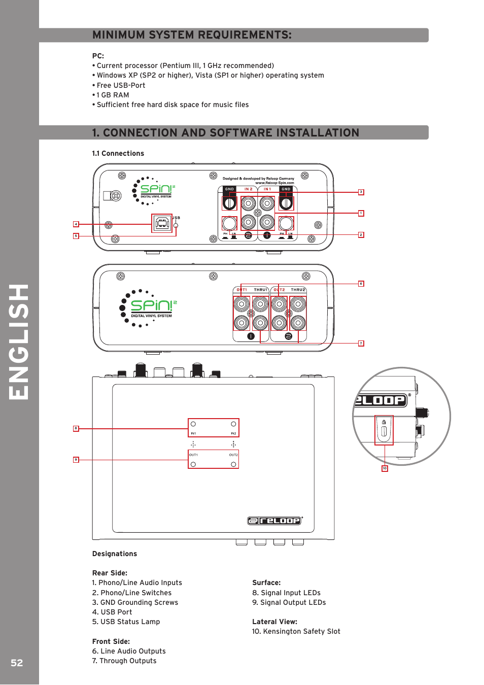 English, Minimum system requirements, Connection and software installation | Reloop SPIN!2 User Manual | Page 52 / 139