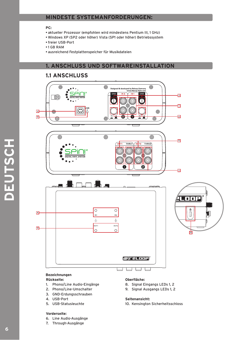 De ut s ch, Mindeste systemanforderungen, Anschluss und softwareinstallation 1.1 anschluss | Reloop SPIN!2 User Manual | Page 6 / 139