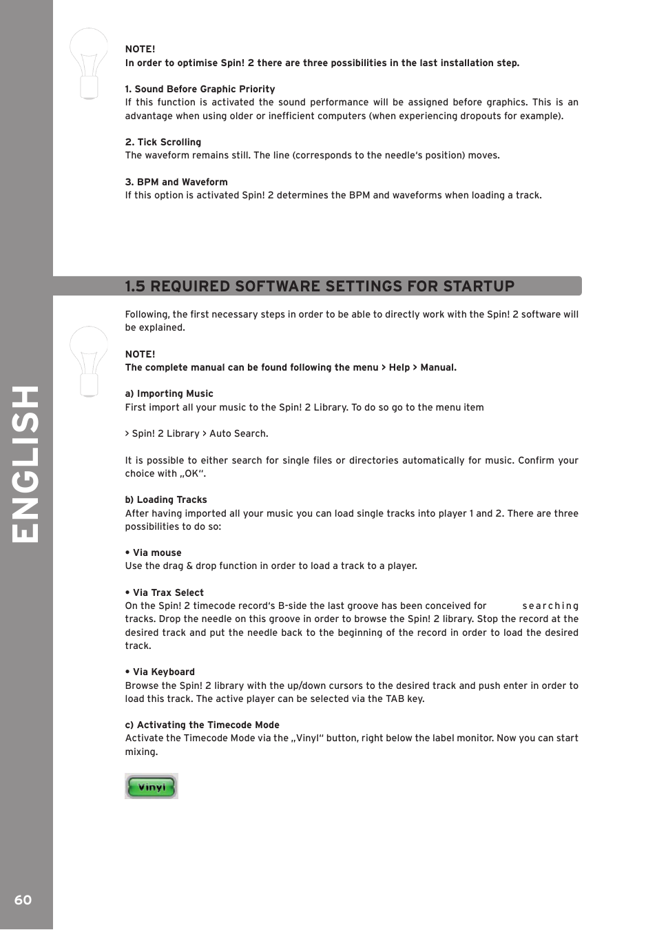 English, 5 required software settings for startup | Reloop SPIN!2 User Manual | Page 60 / 139