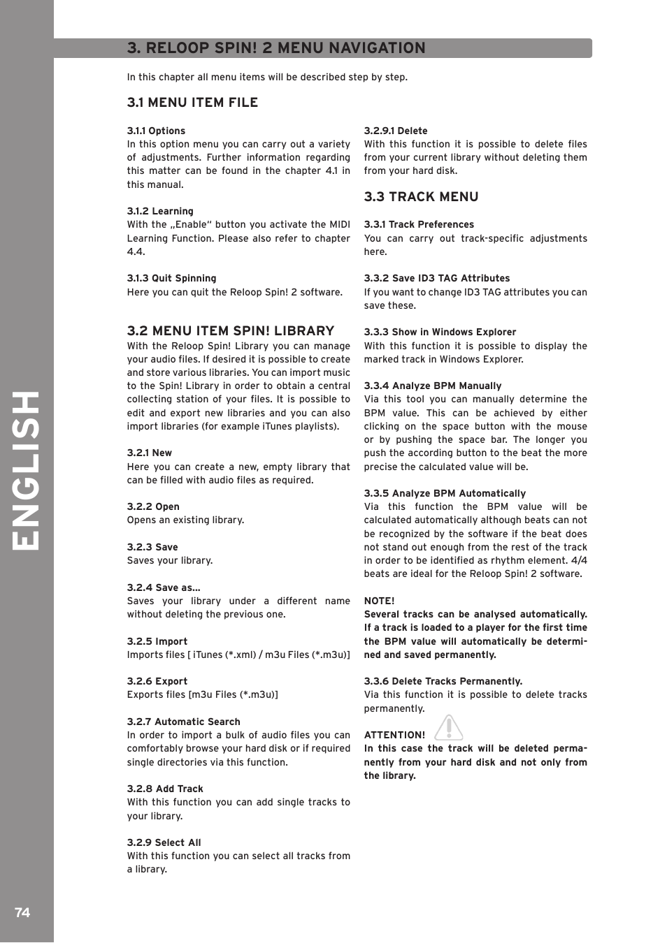 English, Reloop spin! 2 menu navigation | Reloop SPIN!2 User Manual | Page 74 / 139